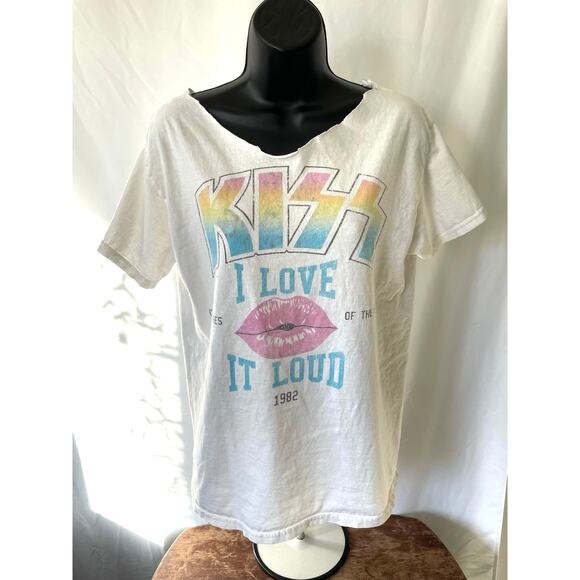 KISS I Love It Loud 1982 Cut Neck Band Tee White Sz M - Picture 1 of 5